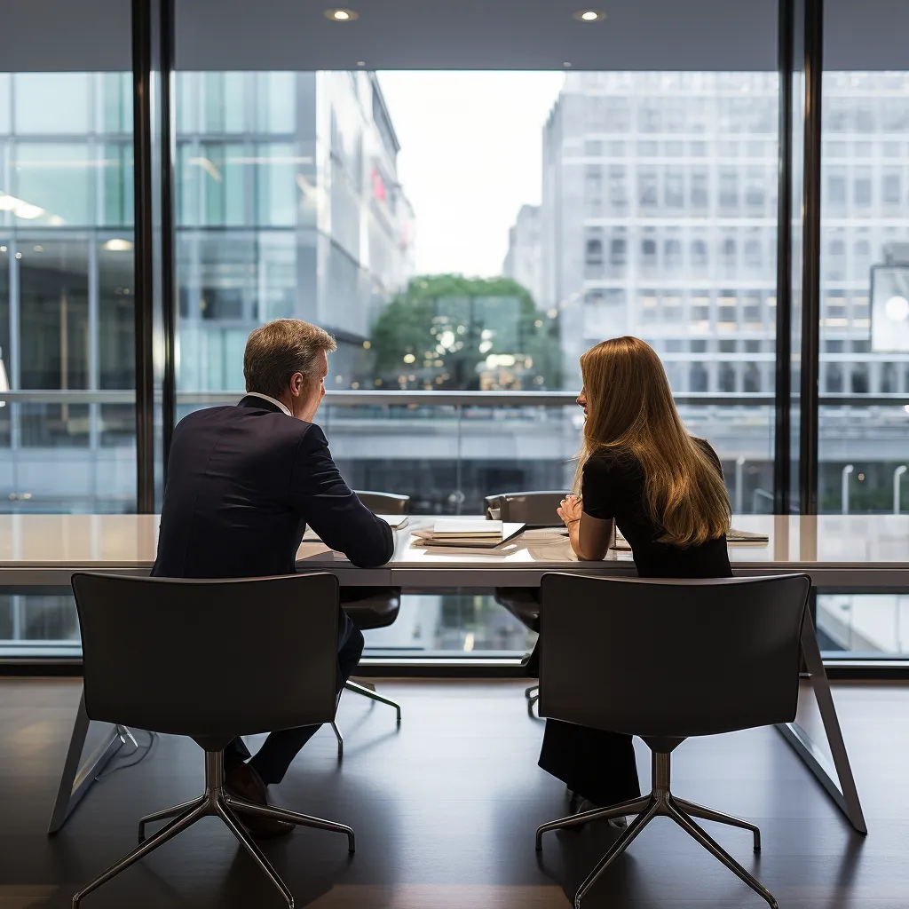 Two professionals seated at a desk in a modern office, having a legal consultation with city buildings visible through the window.