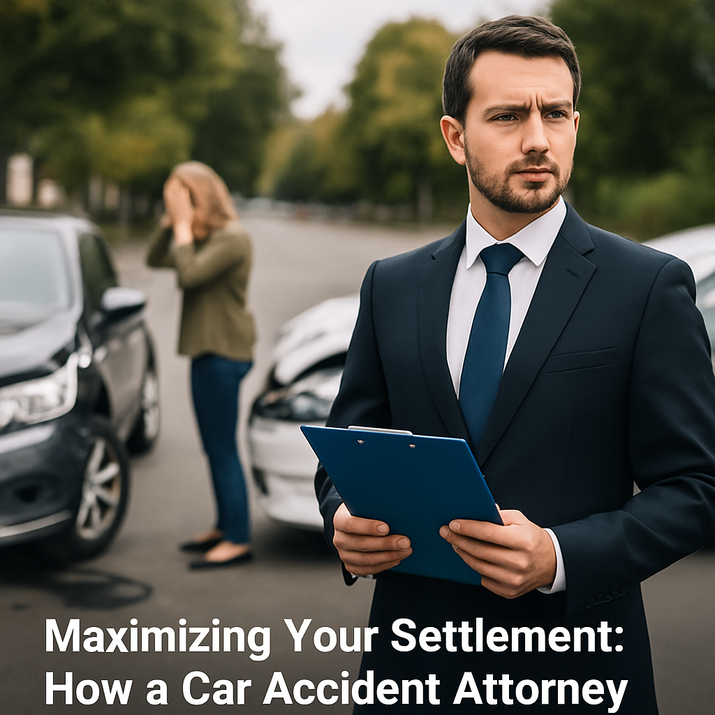 Male car accident attorney in a suit with clipboard standing in front of two damaged cars, while a woman calls for help at the crash site.