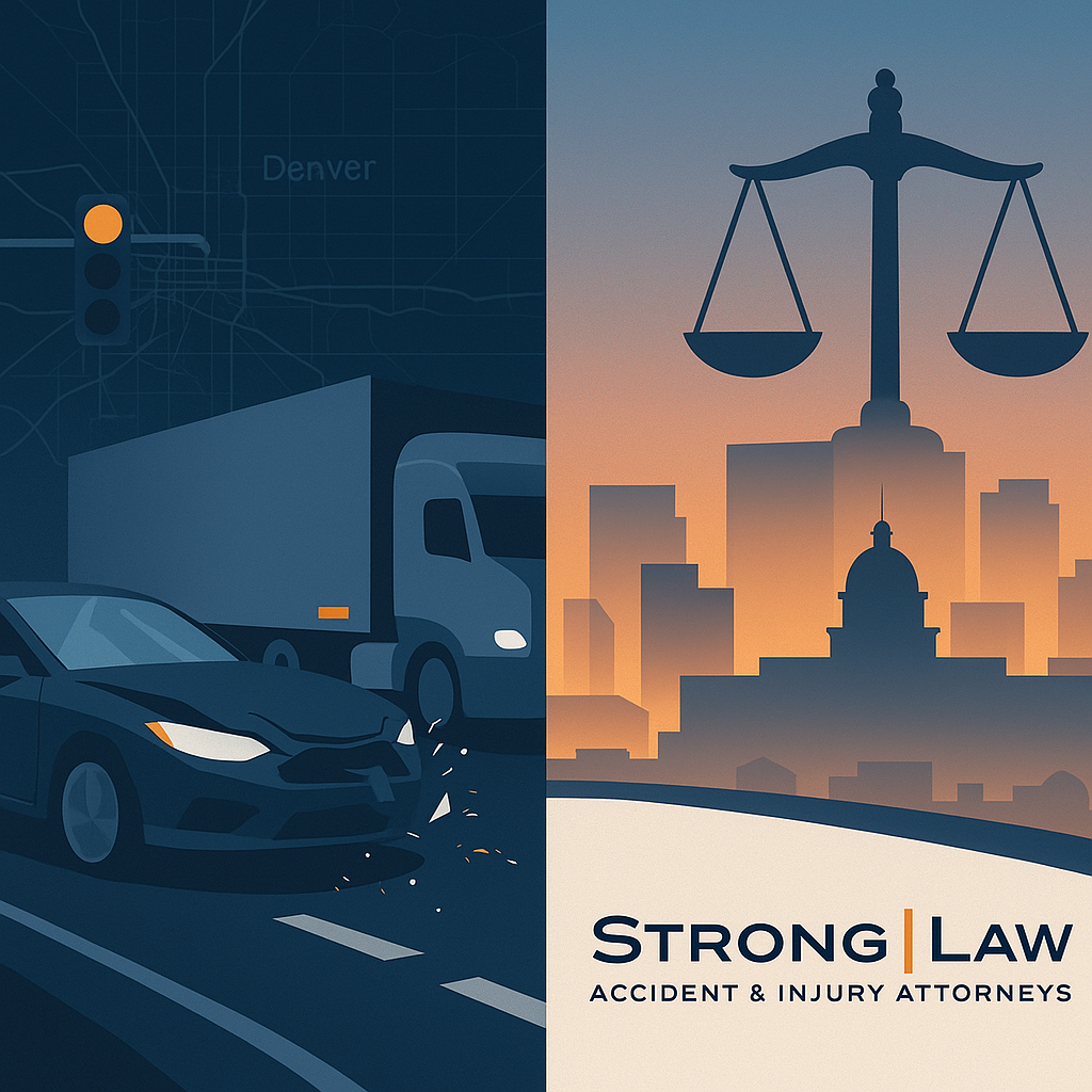 Stylized split image of a Denver truck accident and legal scales over the city skyline, branded with Strong Law Accident & Injury Attorneys logo.