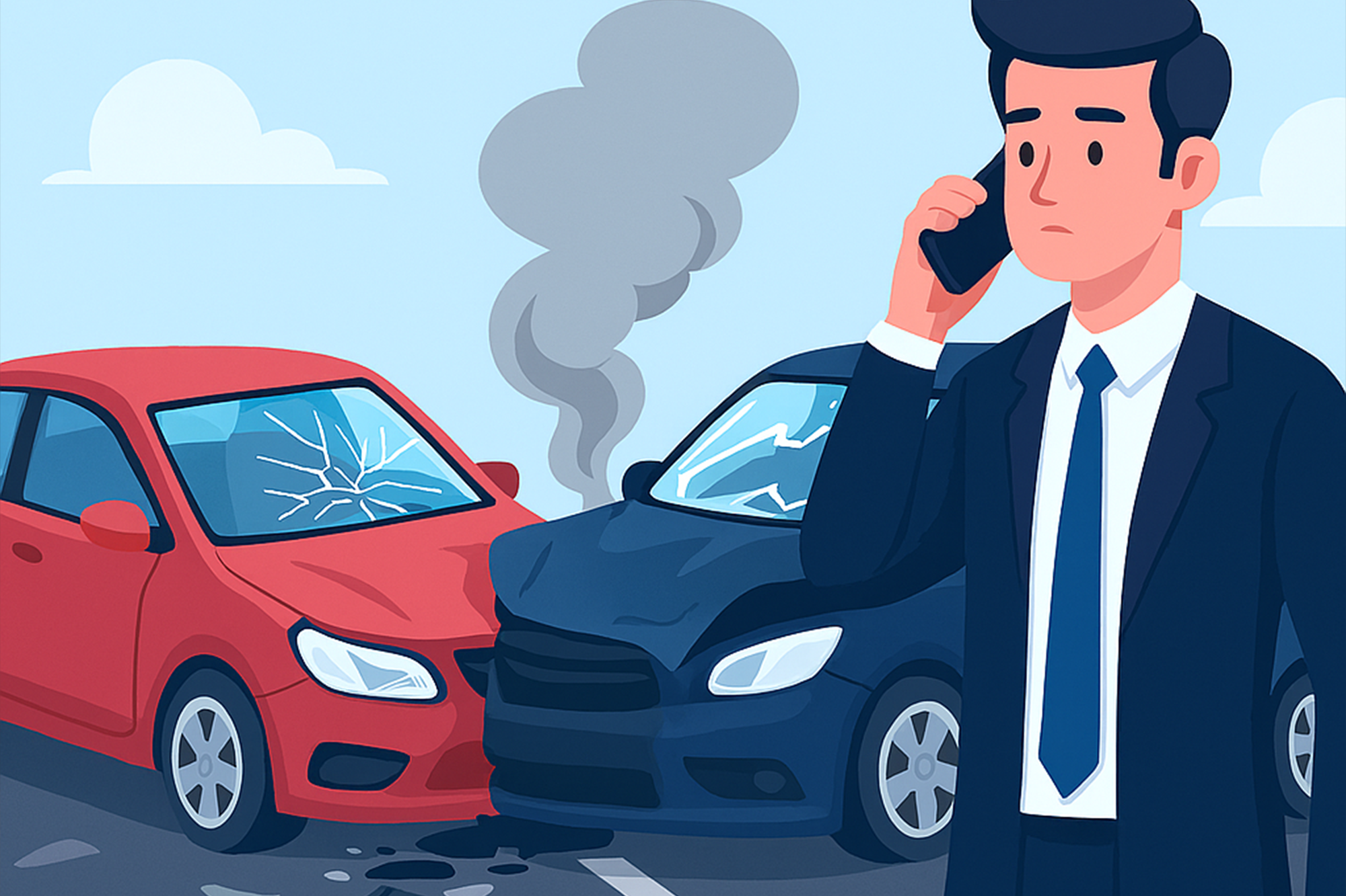Illustration of a man on the phone in front of a two-car accident calling for a lawyer