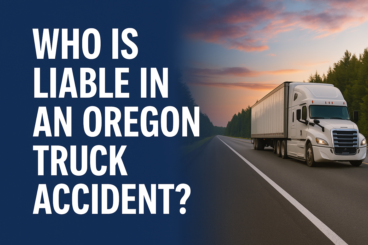 A semi-truck driving along a rural Oregon highway at sunset with bold title text on the left reading “Who Is Liable in an Oregon Truck Accident?”