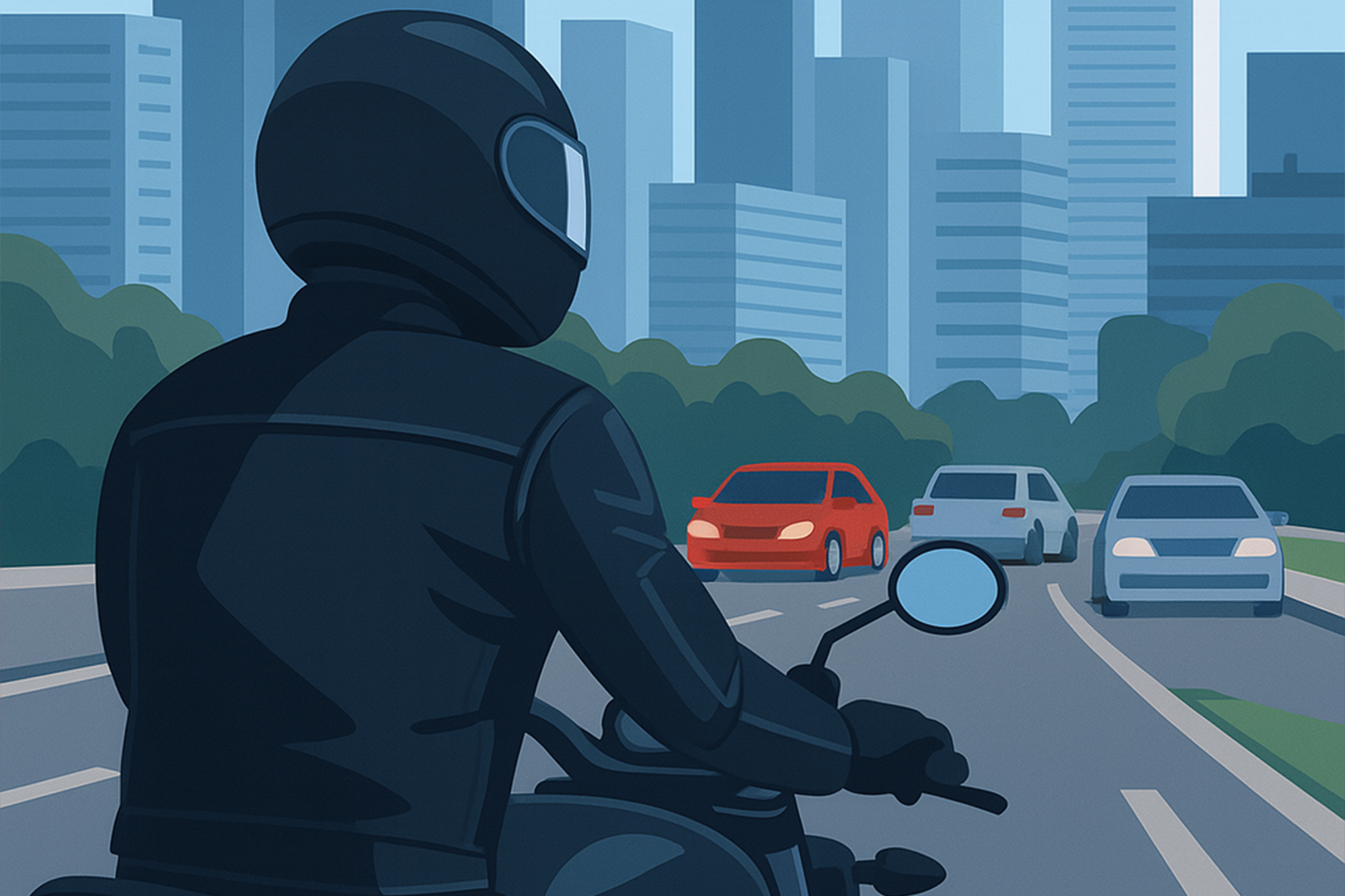 Illustration of a motorcyclist riding toward the Denver skyline avoiding a car crash,Accident & Injury Attorneys.