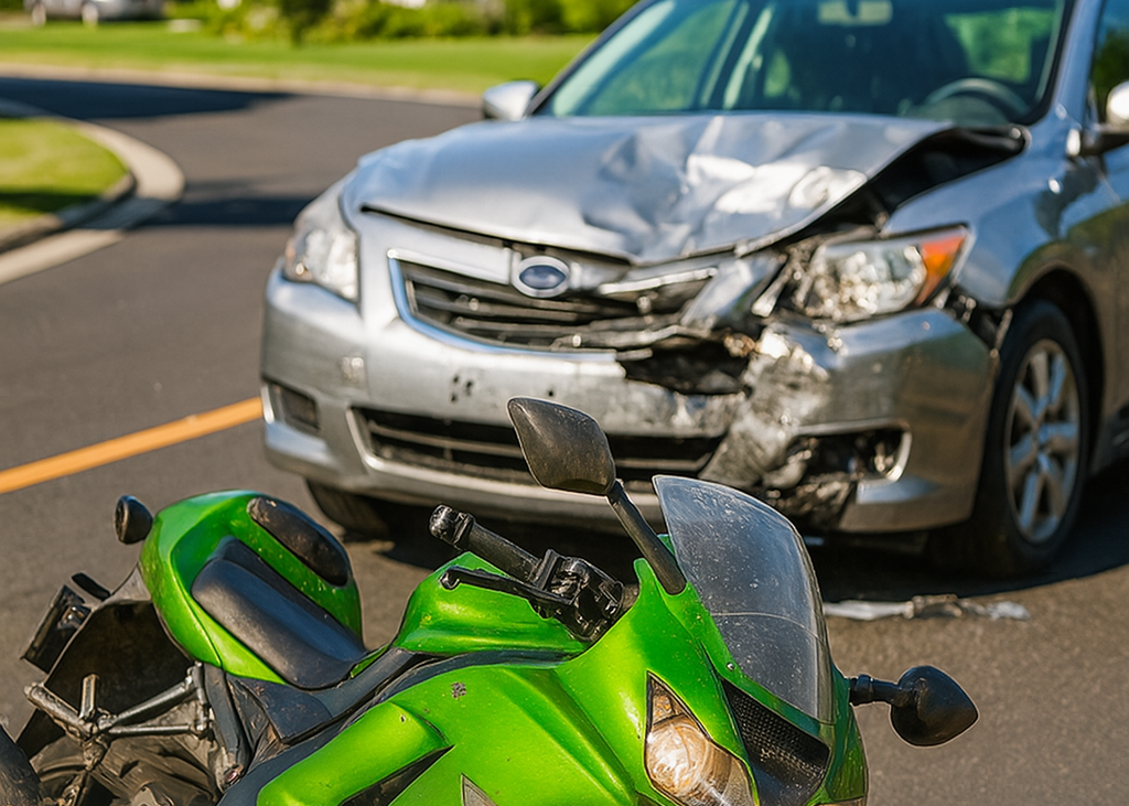 Emergency response at a two-vehicle collision involving a cyclist and a motorcycle in Eugene, Oregon, highlighting personal injury risk