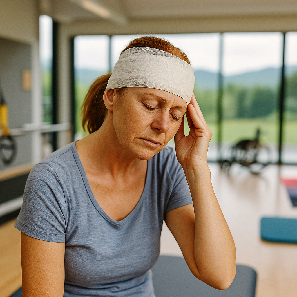 A woman recovering from a traumatic brain injury at a rehabilitation center in Eugene, Oregon Alt Description: A middle-aged woman wearing a bandage sits in a rehab center, symbolizing recovery from a brain injury in Eugene, Oregon