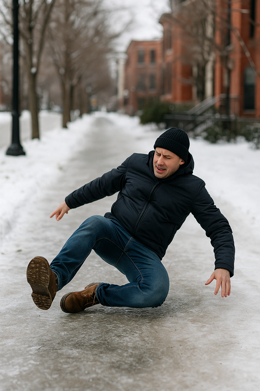 A man in winter clothing loses balance and falls on an icy sidewalk in Denver with snow-covered streets and brick buildings in the background