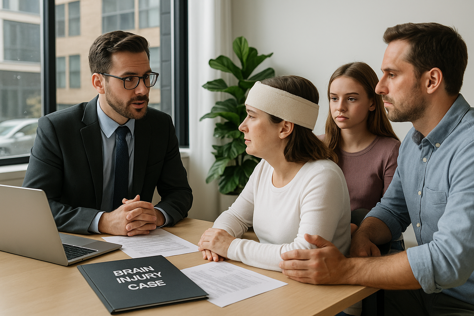 Brain injury attorney meets with a recovering client wearing a soft medical headband and family members in a modern Provo office, with documents, laptop, and a folder labeled “Brain Injury Case” on the desk under warm natural daylight.