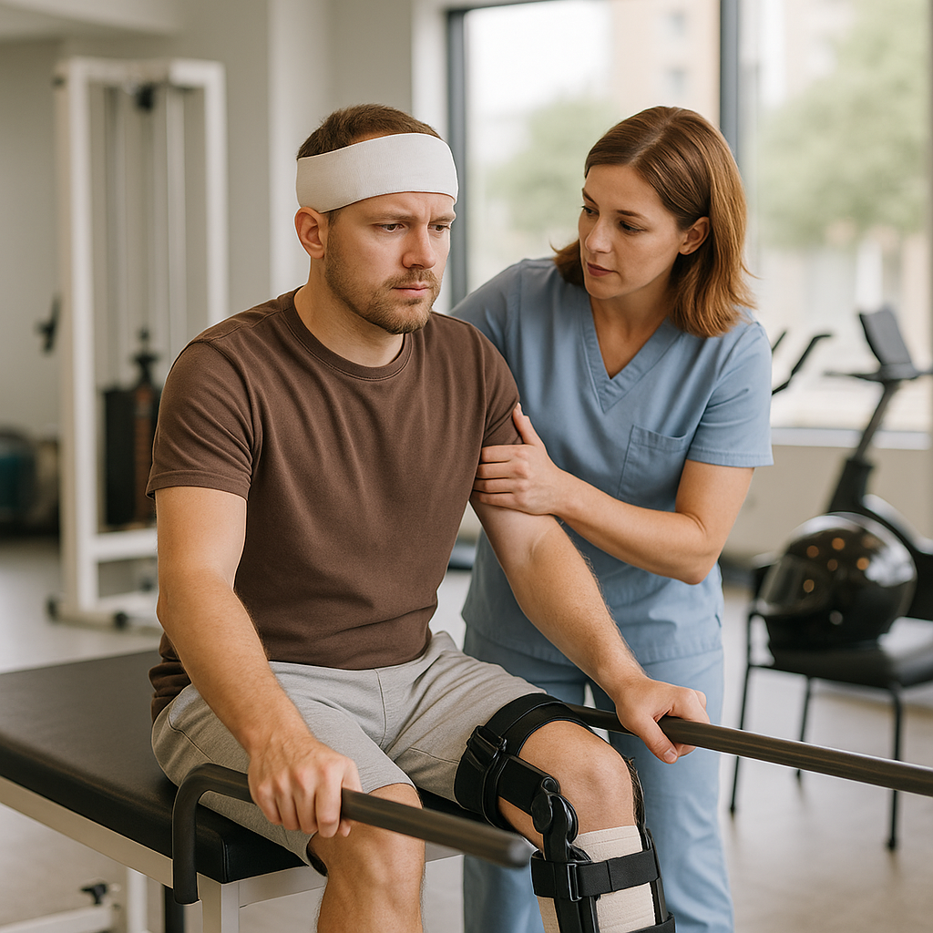 Patient wearing a head brace practices balance and mobility with a therapist in a bright Provo rehabilitation clinic, symbolizing recovery and support after a brain injury.