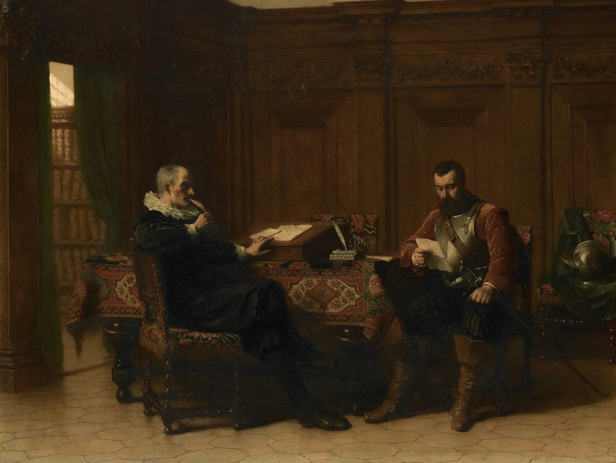 Historic painting symbolizing a legal consultation and the pursuit of justice.