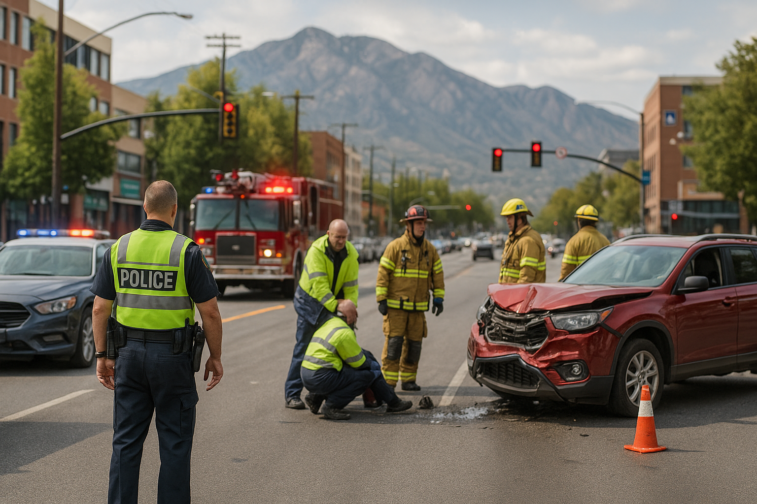 Damaged vehicles and emergency responders at a Salt Lake City car accident scene