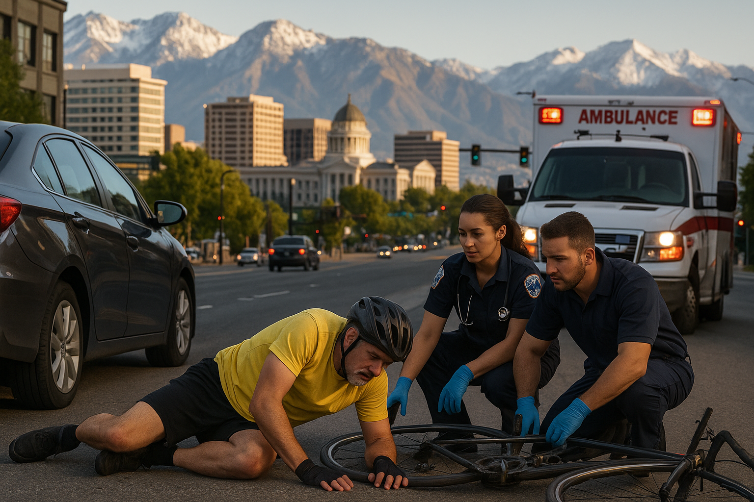 Paramedics assisting an injured cyclist after a car‑bicycle accident in Salt Lake City