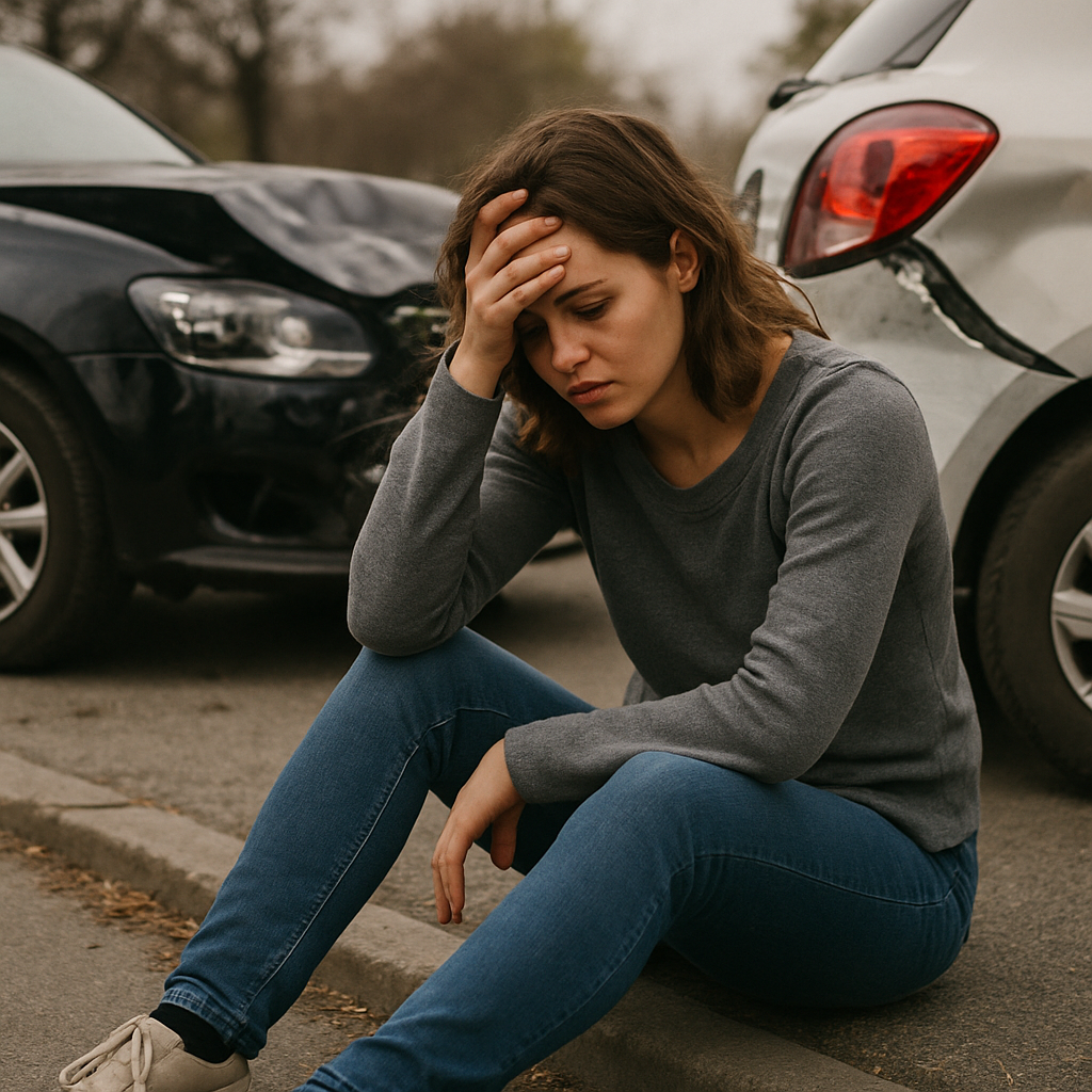 A distressed woman holds her head after a vehicle crash, representing the onset of concussion or traumatic brain injury symptoms commonly seen after Tacoma car accidents.