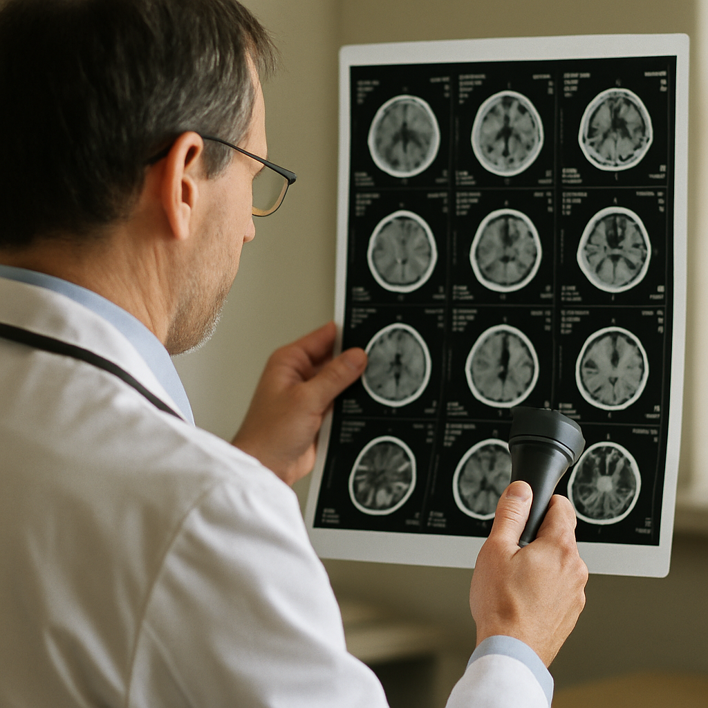 Denver neurologist examining MRI brain scans for traumatic brain injury diagnosis.