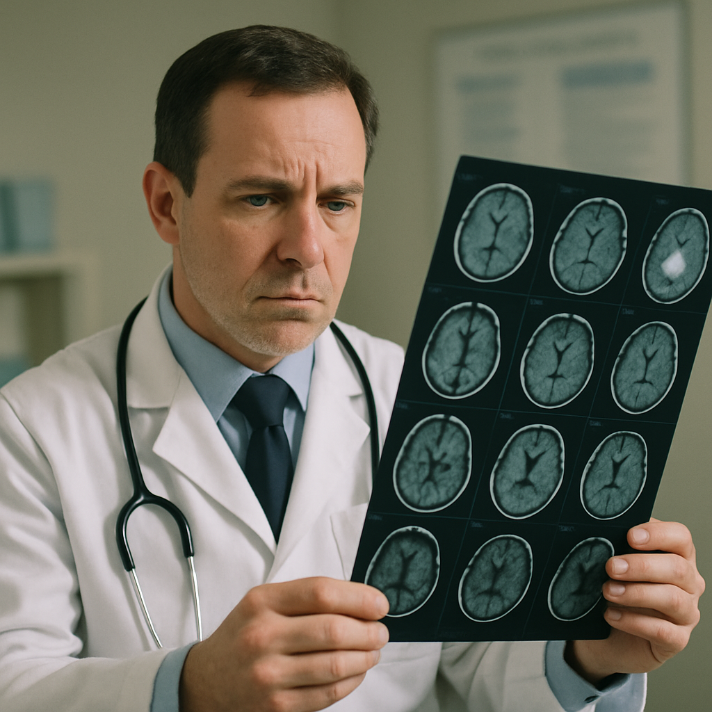 Denver neurologist reviewing brain scans of a catastrophic injury patient.