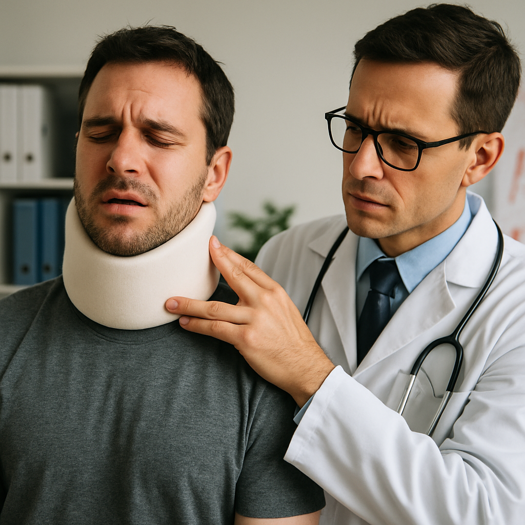 Doctor examining a Denver patient wearing a neck brace after a catastrophic injury.