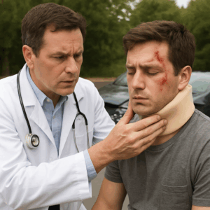 Doctor evaluating a patient for injuries after a car accident