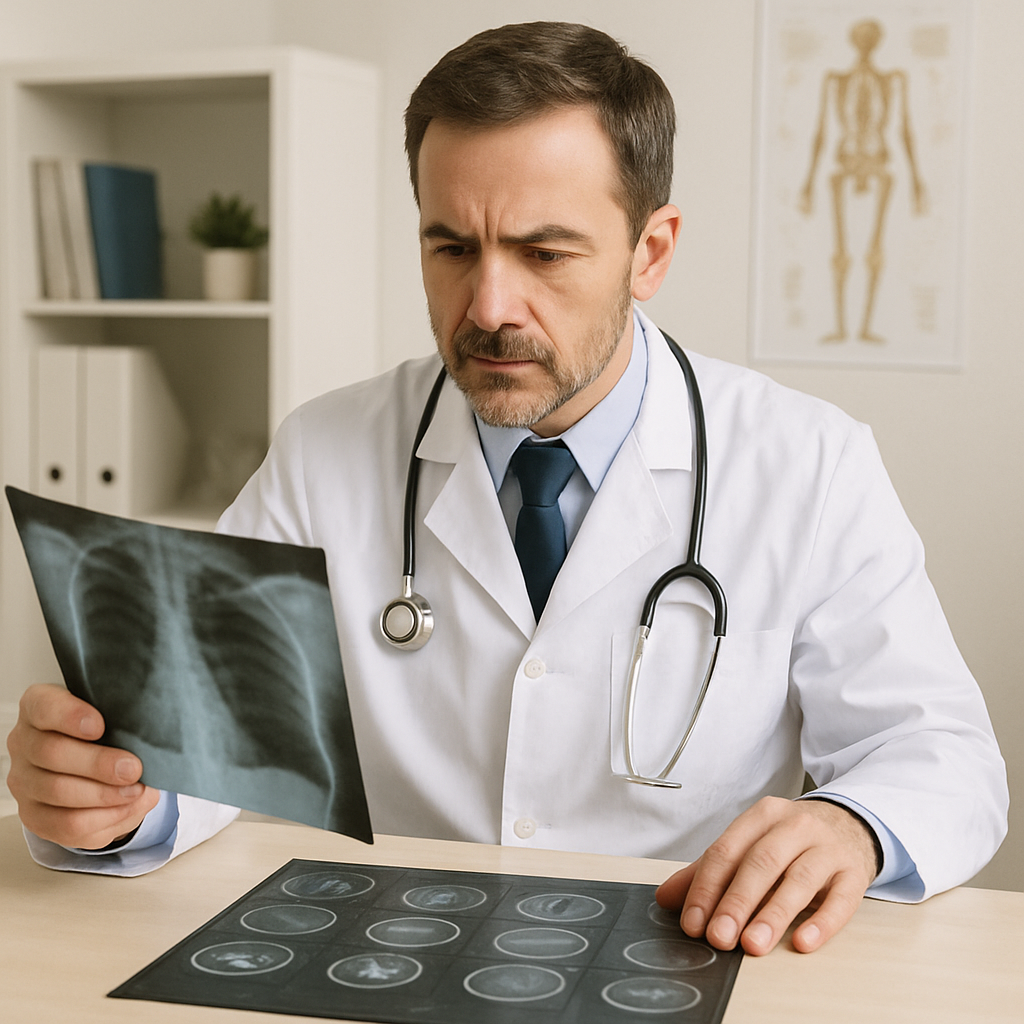 Doctor reviewing X-ray scans to diagnose traumatic or catastrophic injuries.