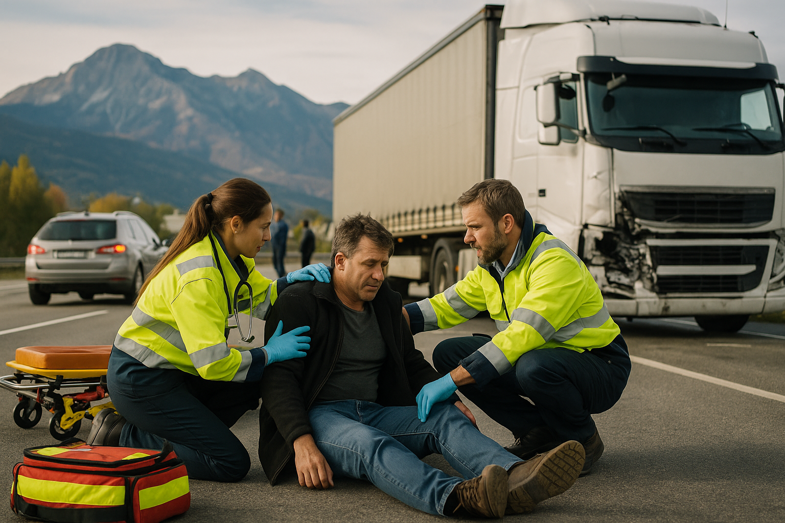 Paramedics assisting an injured person after a truck accident with a medical stretcher and emergency vehicle