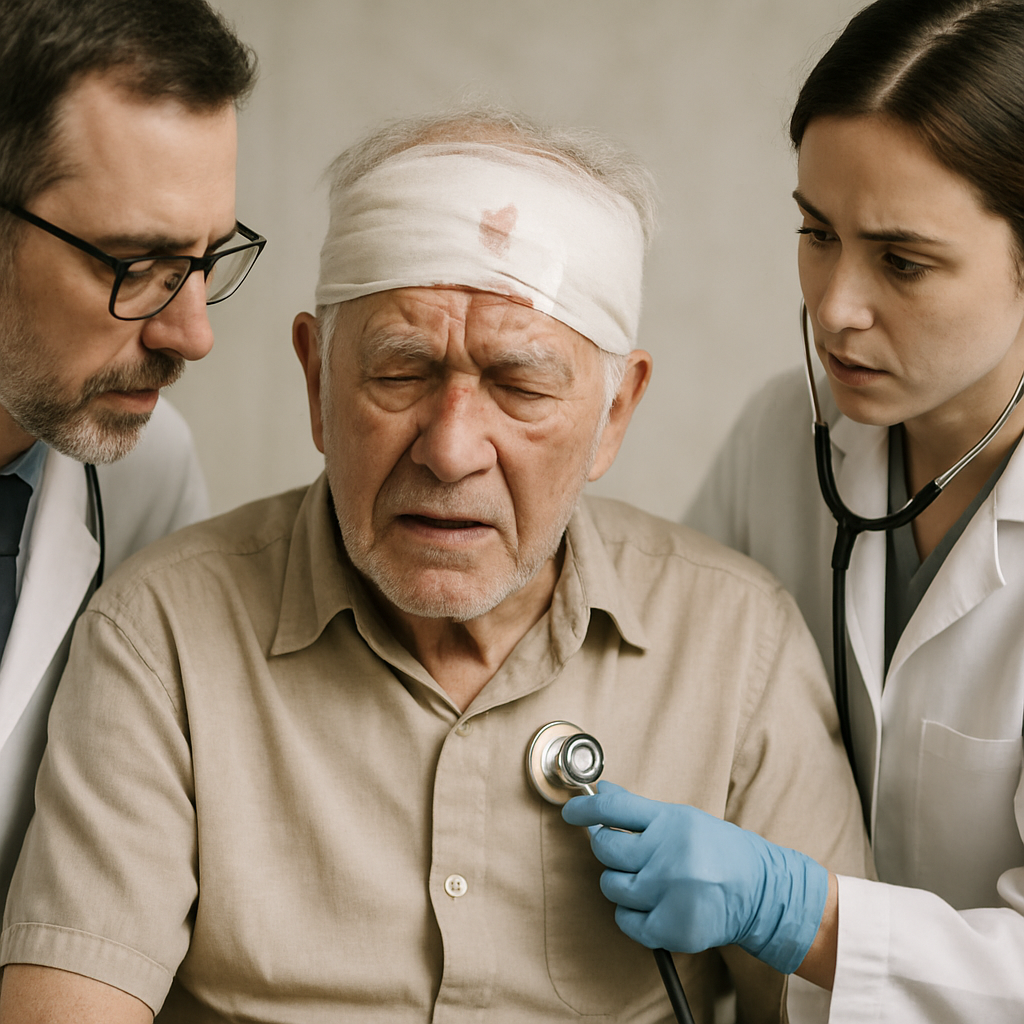 Doctor examining an elderly man with a head injury and bandage after a traumatic brain injury.