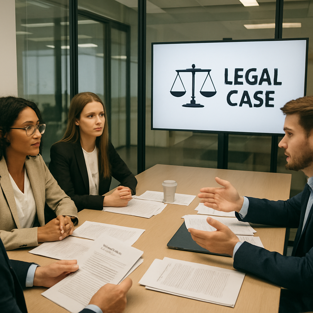 Two professional attorneys meet in a Tacoma office to discuss strategy for a client’s spinal injury claim, with legal symbols and case files on the table.