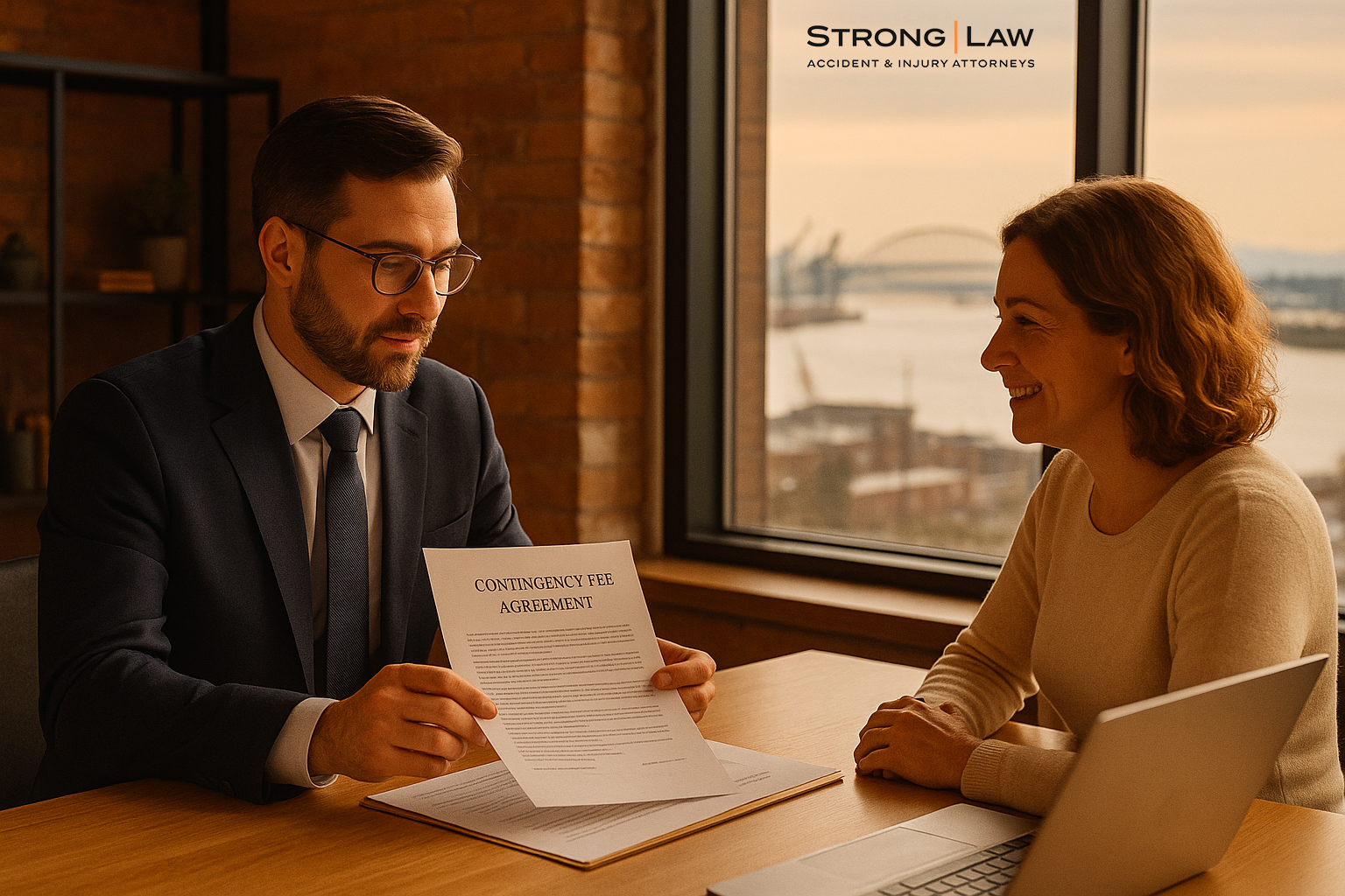 Lawyer presenting a contingency fee agreement to a client in a warm-lit Tacoma office with a waterfront view.