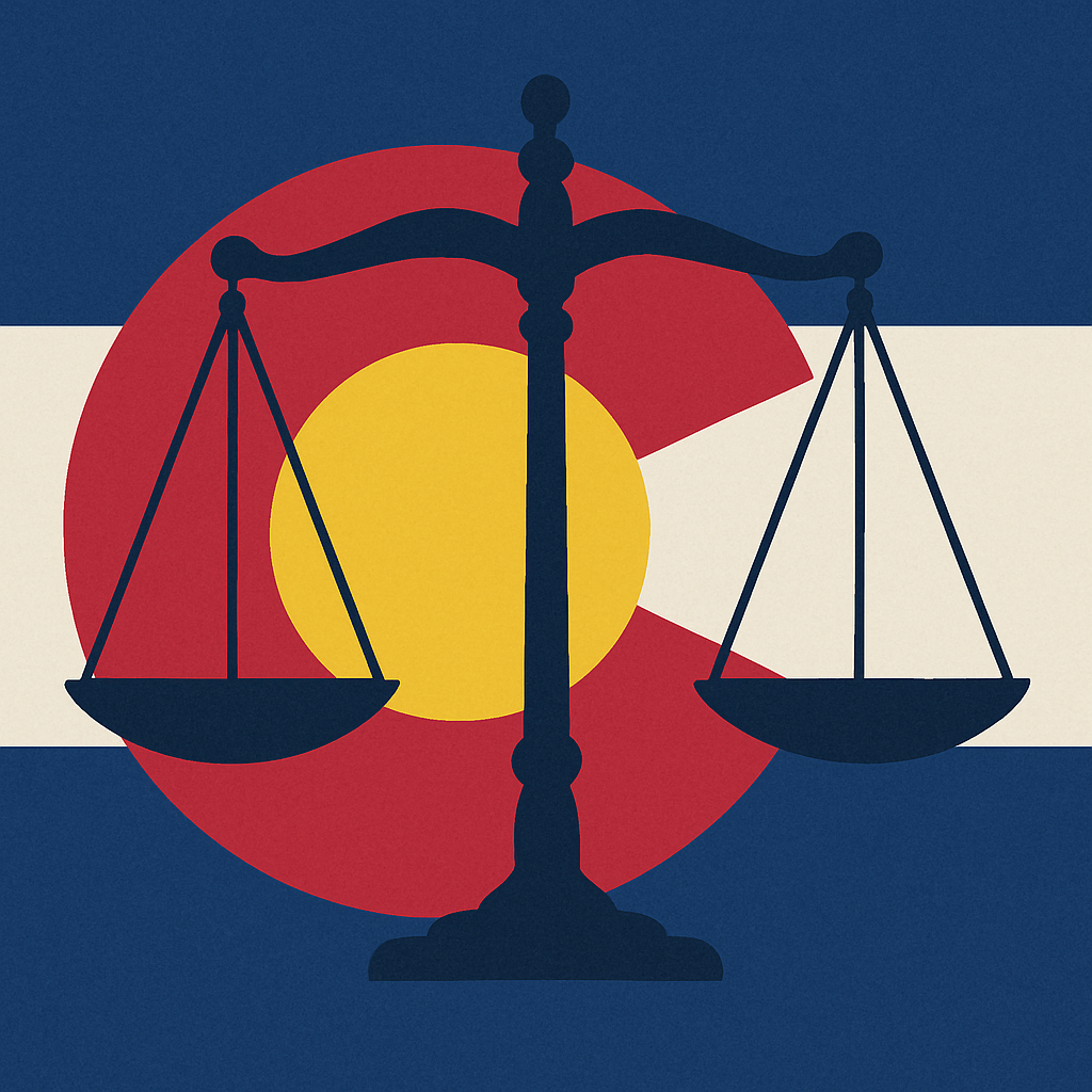 Scales of justice with the Colorado state flag in the background representing truck accident law