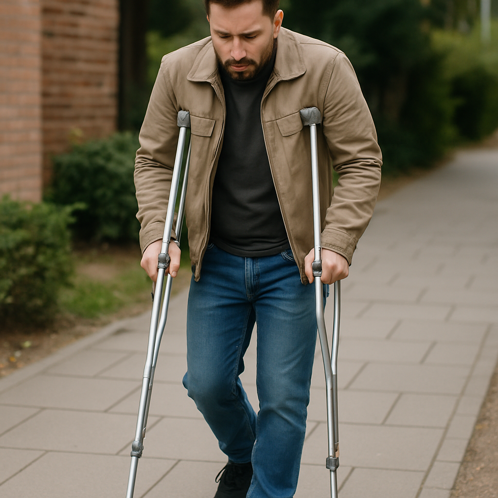 Man using crutches while recovering from a leg injury