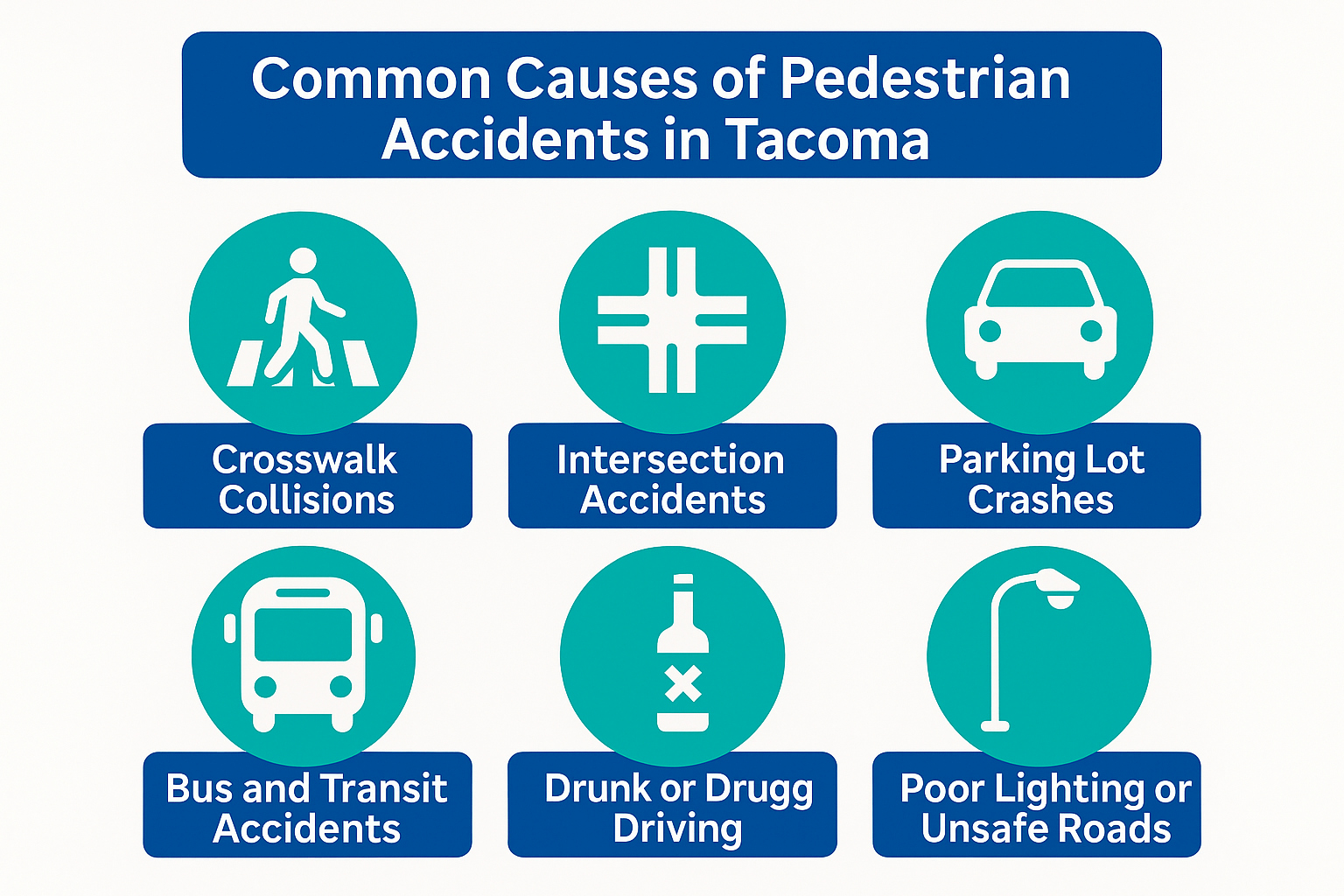 Infographic showing the most common causes of pedestrian accidents in Tacoma, including crosswalk collisions, intersection accidents, parking lot crashes, transit accidents, impaired driving, and poor lighting.