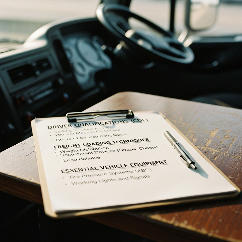 Checklist for commercial truck driver qualifications, loading, and equipment standards.