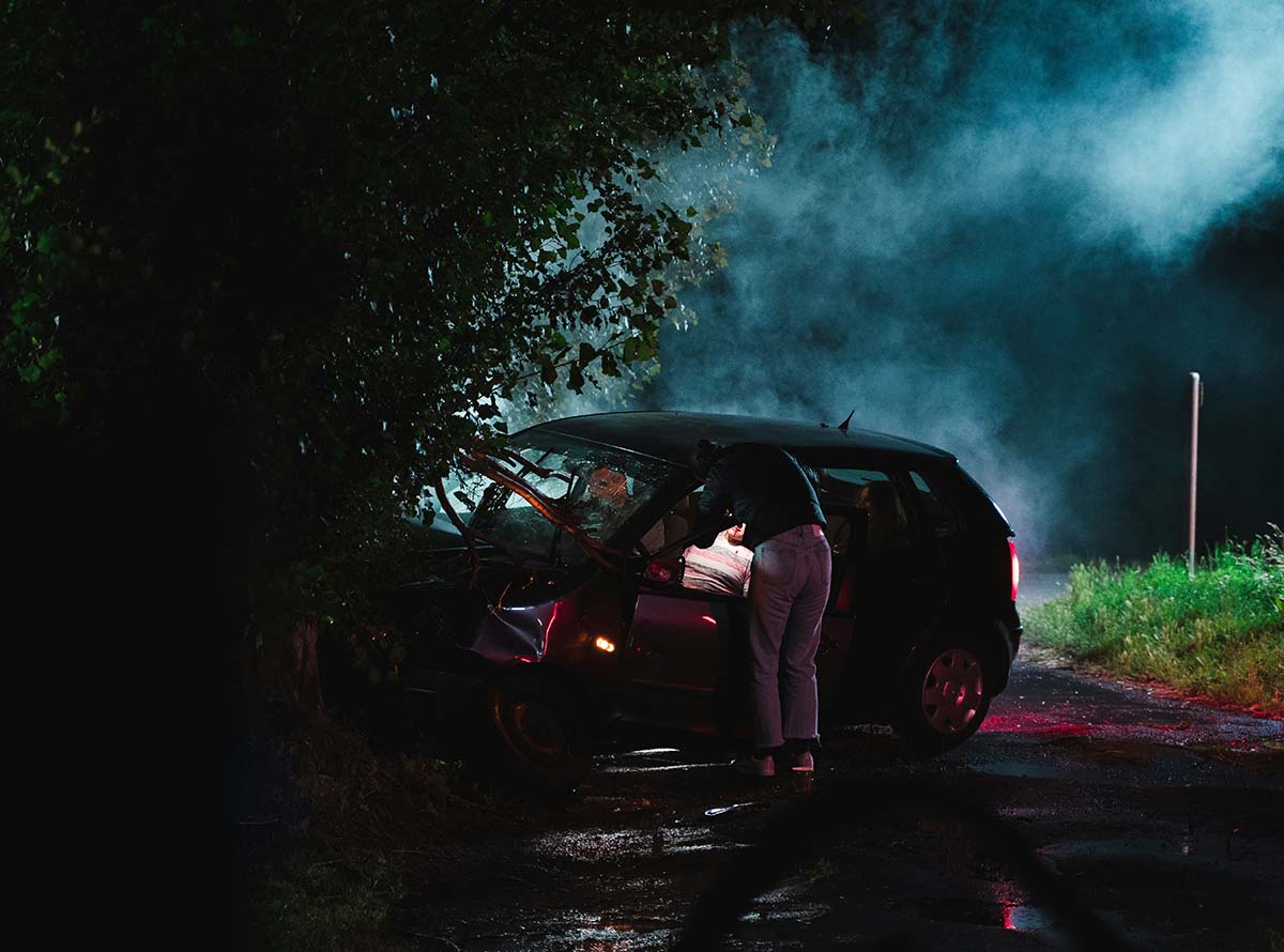 Nighttime car crash scene near Springfield, Oregon.